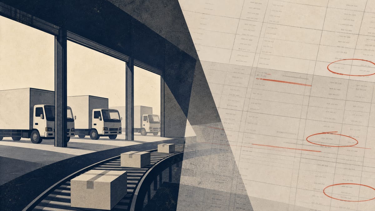Illustration of a logistics depot with delivery trucks and a conveyor belt, overlaid with highlighted ledger lines symbolizing an internal corporate value review.