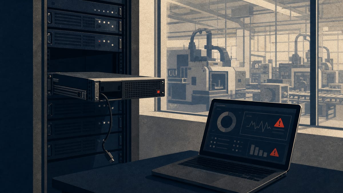 Editorial illustration of a factory-adjacent server room with a disconnected server unit and a laptop showing an abstract system alert dashboard, suggesting a contained IT security incident.