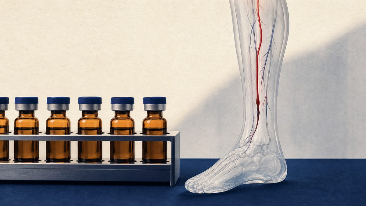 Lab bench with gene-therapy vials next to an anatomical model of a lower leg showing blood vessels, illustrating a gene therapy for severe leg ischemia.