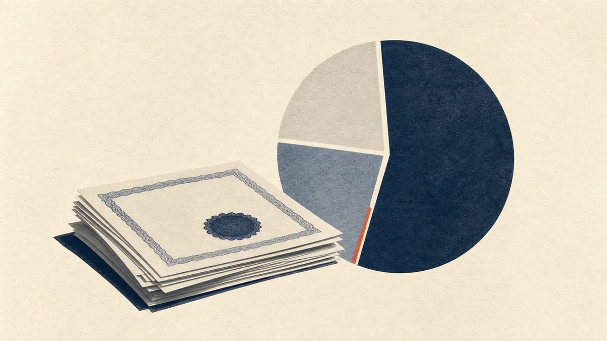 Illustration of stacked stock certificates beside a segmented ownership diagram representing a corporate shareholding realignment.