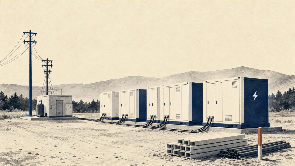 Grid-scale battery storage containers connected to power lines on a rural site, representing the Nagano battery project changing ownership.