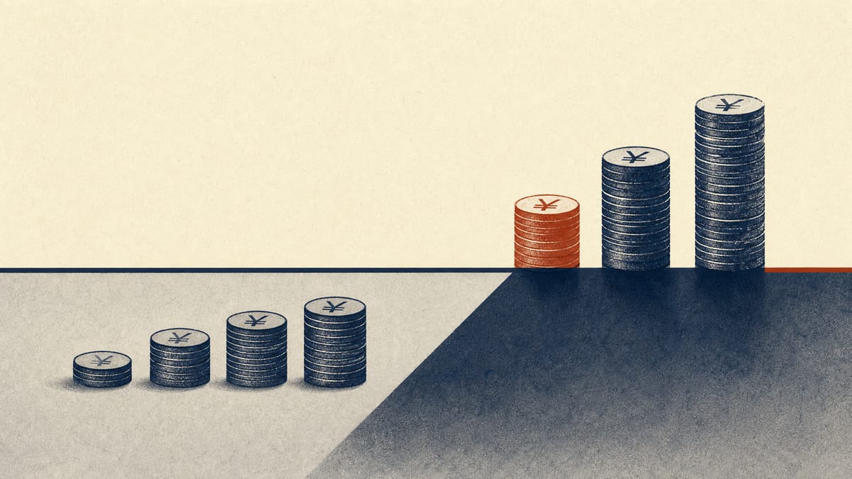 Illustration of yen coin stacks arranged below and above a horizontal threshold line, symbolizing pressure to push a company's price-to-book ratio above one.