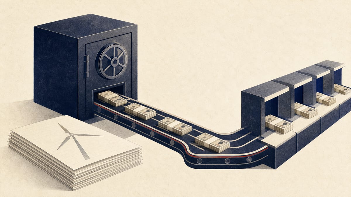 Abstract illustration of yen banknote bundles flowing from a central vault toward bank counters, with faint wind-turbine motifs on ledger paper, symbolizing central bank climate-lending funding.