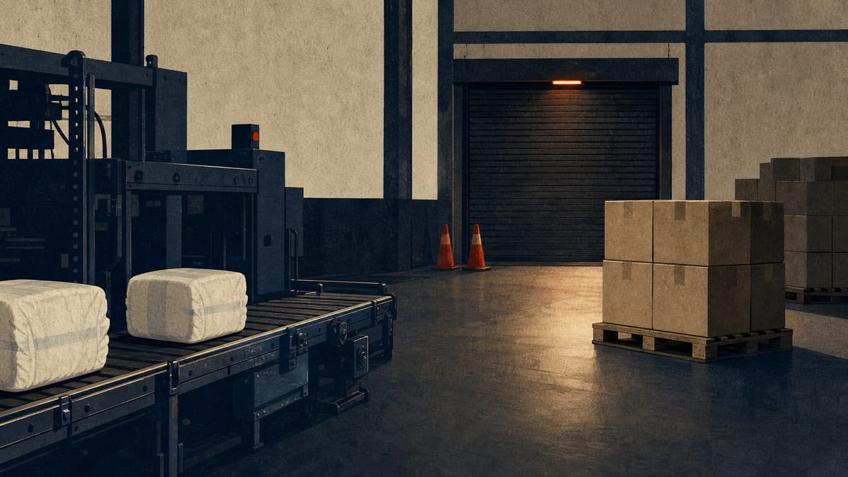 An idled diaper-packaging production line with stacked plain cartons in a factory, suggesting a manufacturing shutdown.