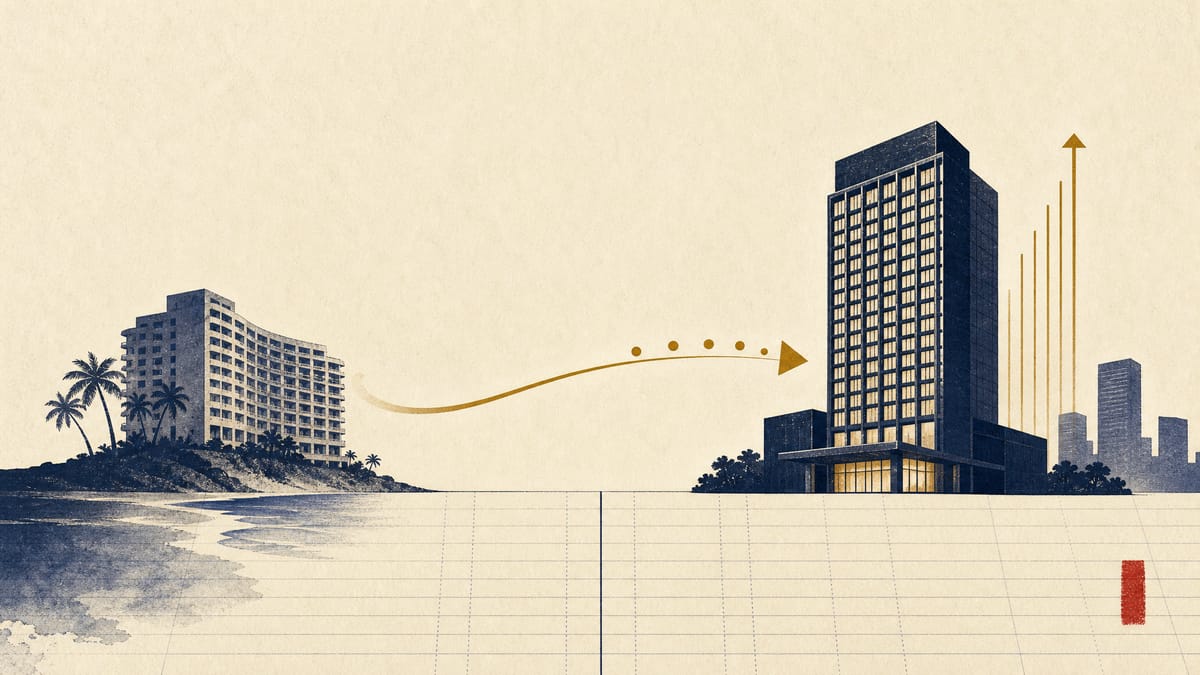 Illustration of a beachfront resort tower on one side and a modern city hotel tower on the other, connected by a flowing line representing capital moving from one property to the other.