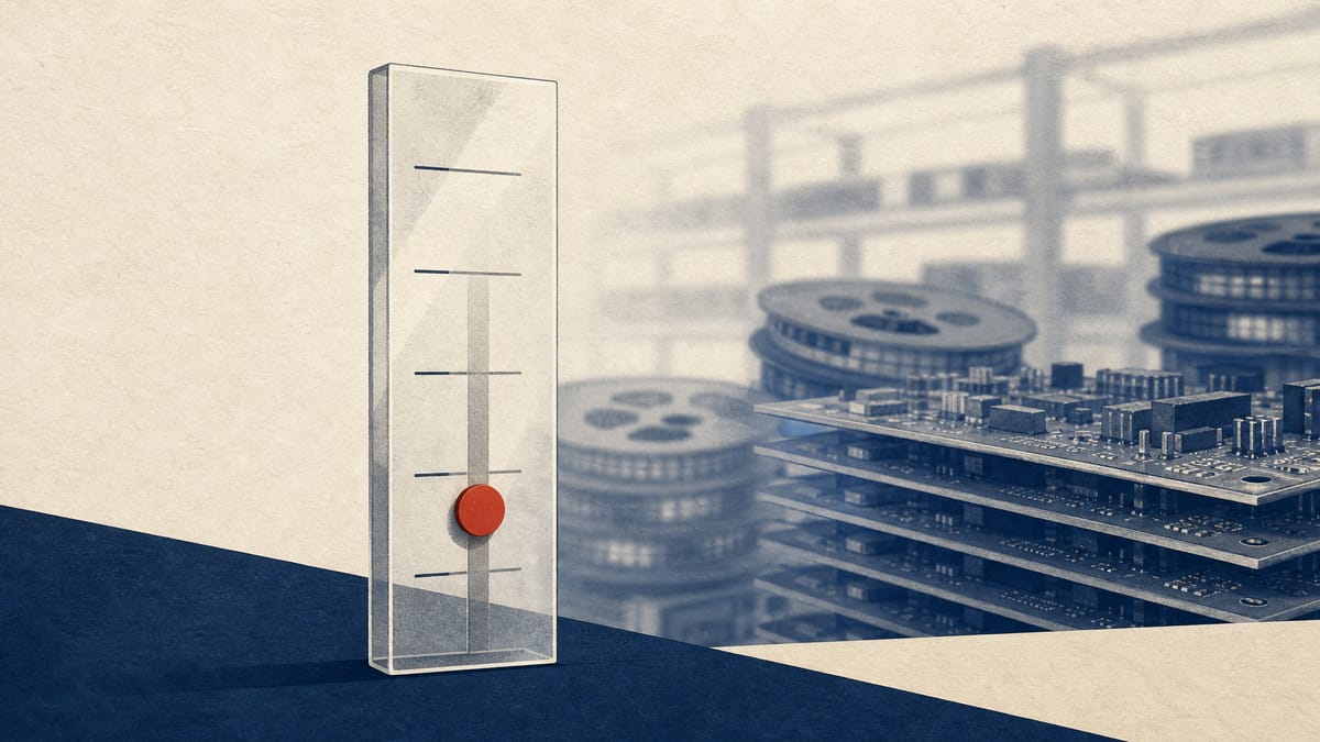 Illustration of a threshold gauge with a marker sliding downward past percentage lines, against a blurred backdrop of circuit boards and electronic component reels.