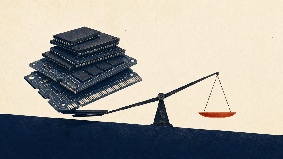 Illustration of memory chip modules balanced on a courtroom scale, symbolizing a US patent verdict against a Japanese chipmaker's subsidiaries.