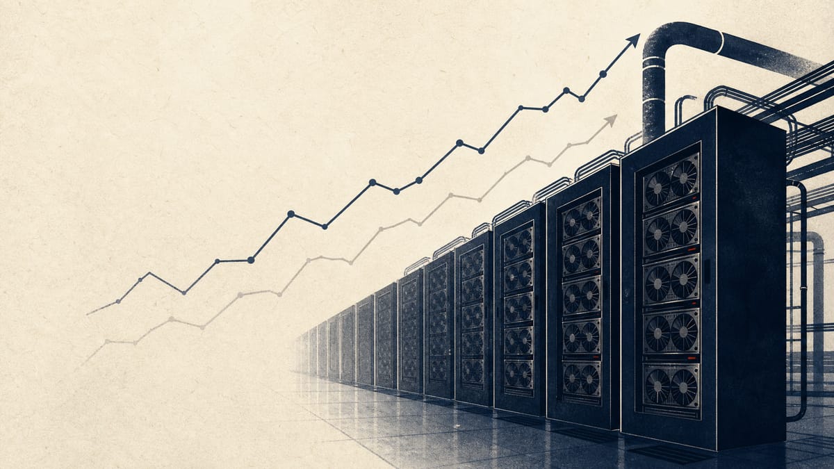 Editorial illustration of GPU server racks in a data center with abstract yen financial line graphs overlaid, representing MicroAd's AI infrastructure investment funded by a convertible bond sale.