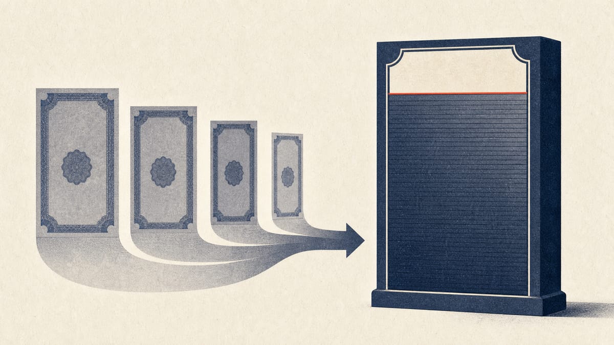 Illustration of four differently sized bond-shaped blocks feeding into a mostly-full capacity gauge, rendered in navy and grey with a thin red accent line.
