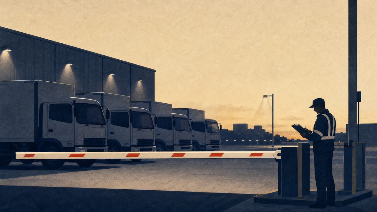 Illustration of a logistics truck yard with a lowered checkpoint barrier and an inspector reviewing a clipboard, symbolizing new internal approval controls at a logistics company.