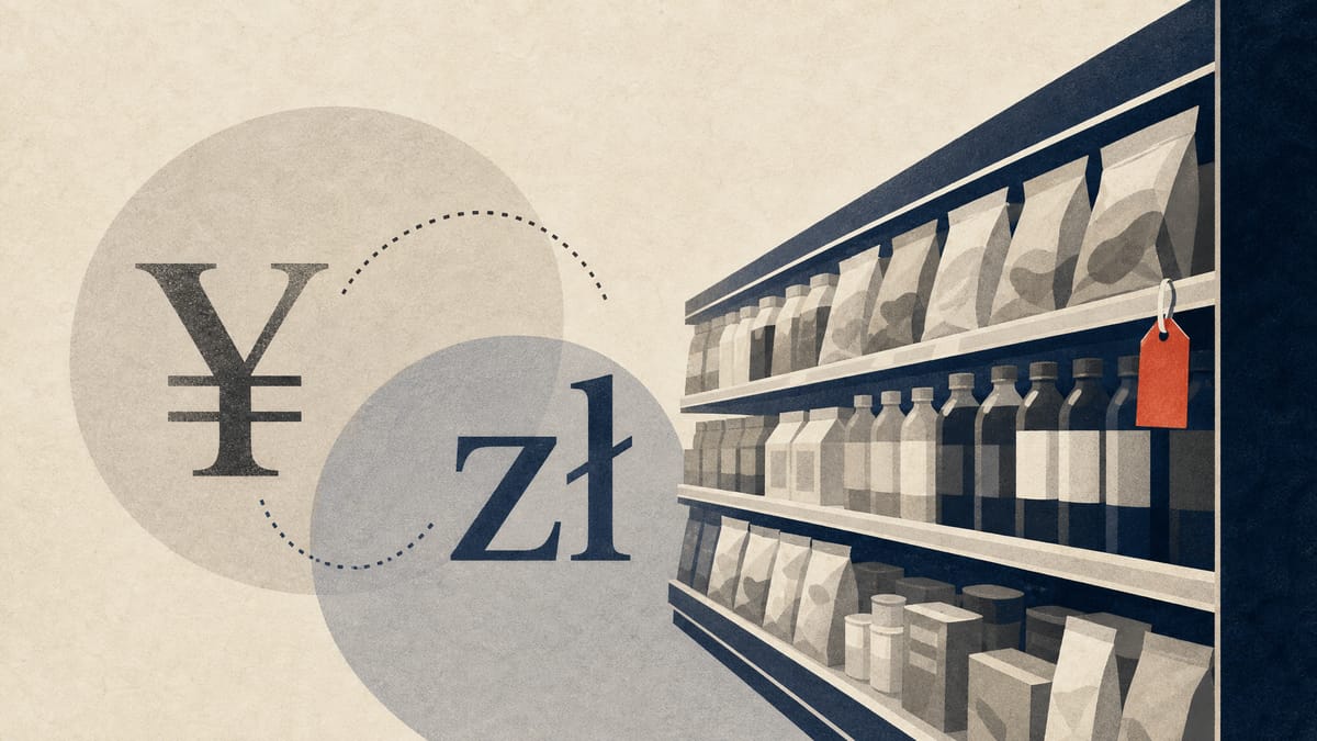 Illustration of convenience-store shelves with generic packaged goods and faint yen and zloty currency symbols, suggesting cross-border investment talks.