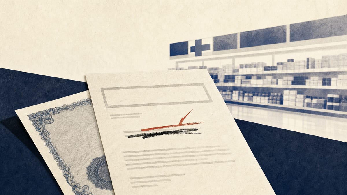 Stock certificate documents with a price correction mark and blurred drugstore shelves in the background, illustrating a revised takeover tender offer.