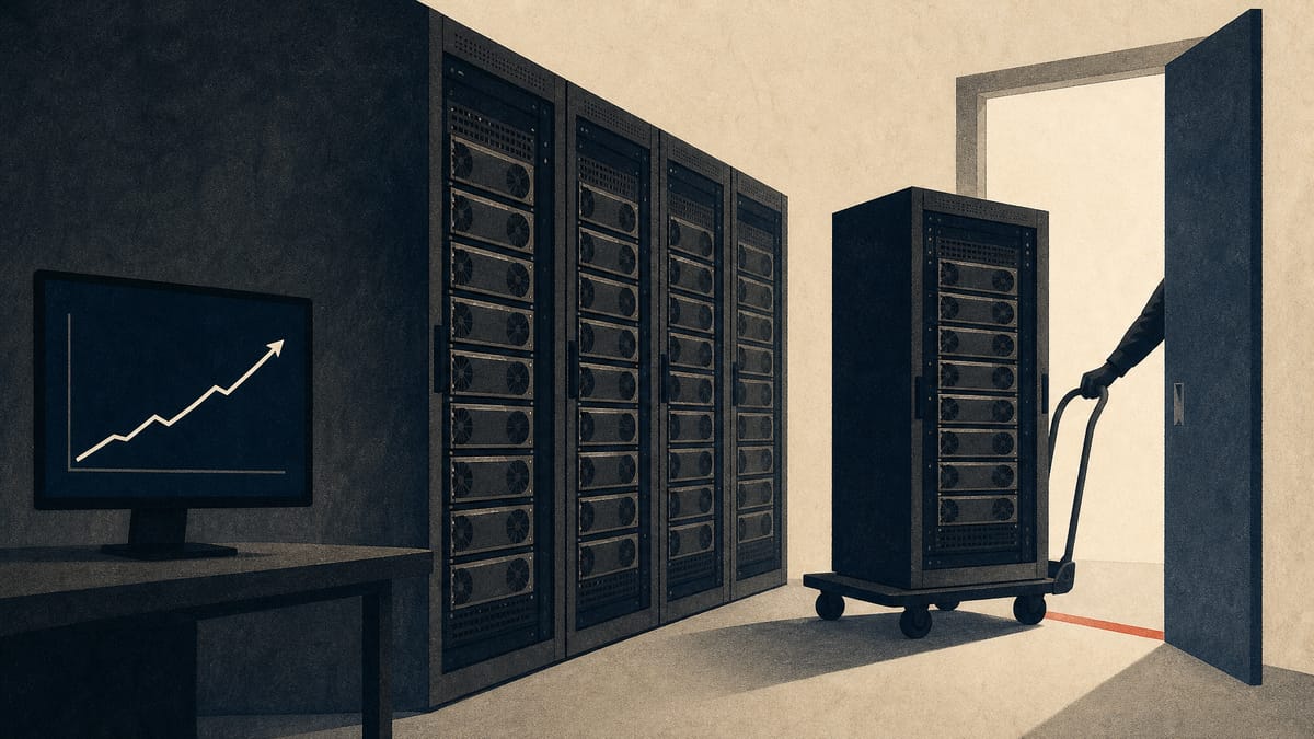 Illustration of GPU server racks being wheeled out of a data center while a nearby screen shows an unrelated upward growth chart.
