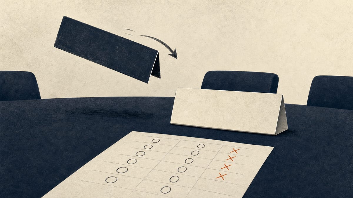 Editorial illustration of a boardroom table with a nameplate being swapped and a vote tally sheet showing dissenting marks, symbolizing a contested corporate board reshuffle.