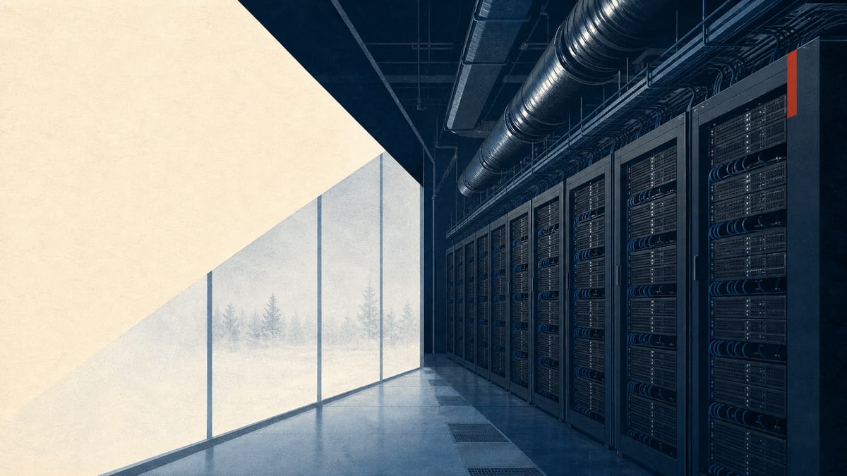 Rows of GPU server racks inside a data center hall with cooling infrastructure, evoking a cold-climate facility in Hokkaido.