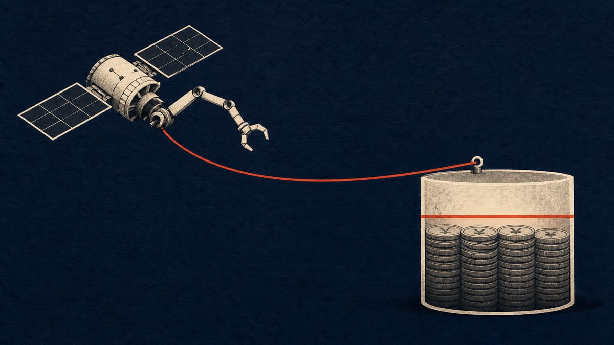 Illustration of a satellite-servicing robotic arm connected by a cable to a reservoir of yen coins marked with a minimum fill line, symbolizing a bank credit facility with a liquidity covenant.