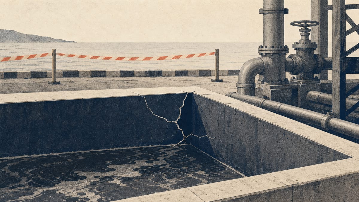 Illustration of a cracked wastewater containment pit and chemical plant piping beside a coastal quay barrier.