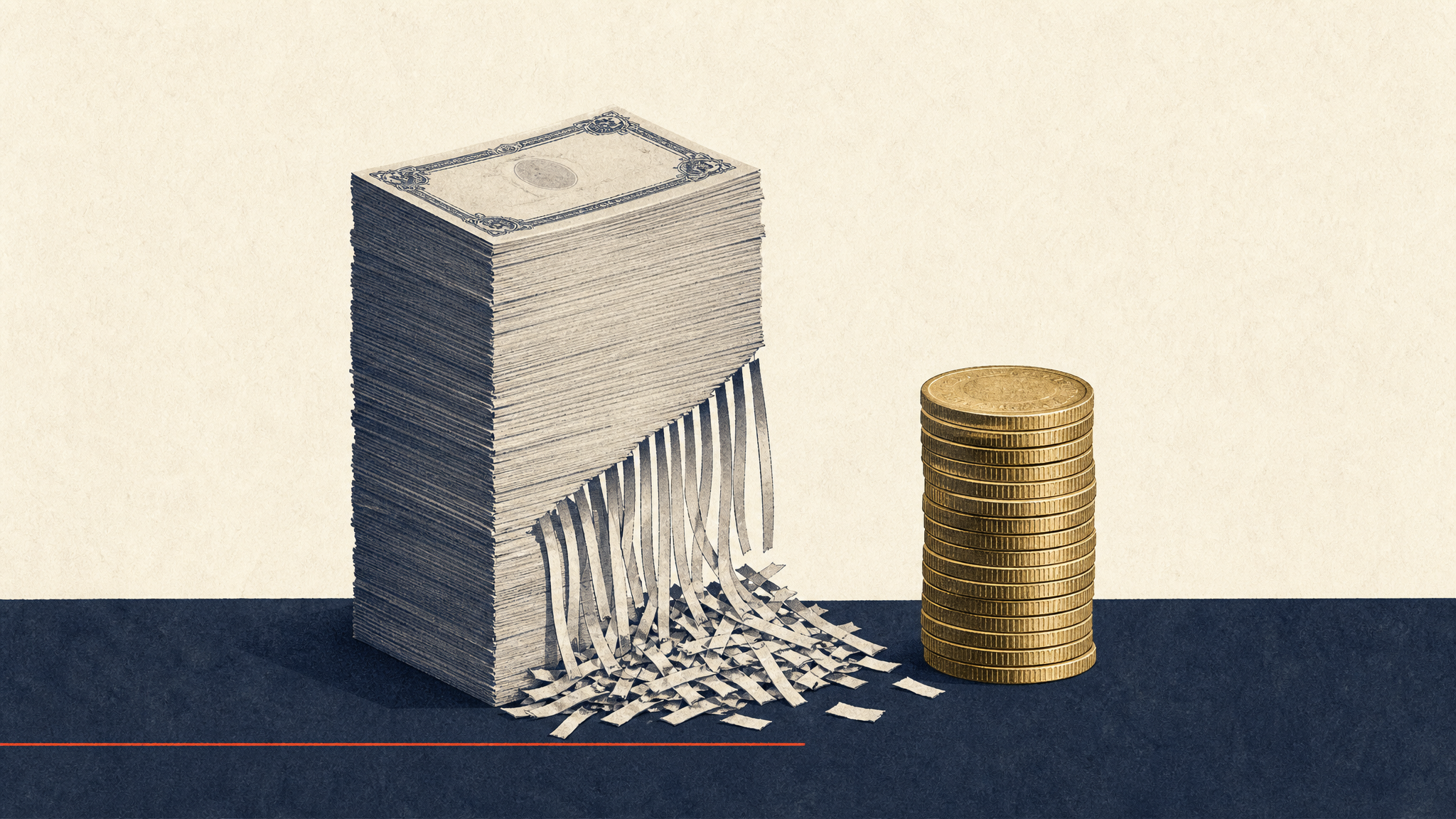 Illustration of a stack of share certificates with a portion being removed, next to a small stack of coins, representing a share buyback paired with a dividend increase.