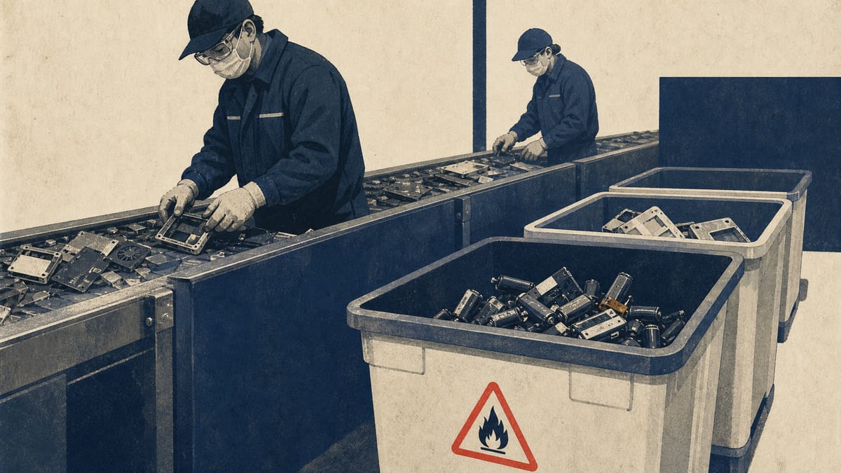 Workers at a small-electronics recycling facility sort disassembled appliances into bins, with one bin set aside for lithium-ion batteries marked with a caution symbol.