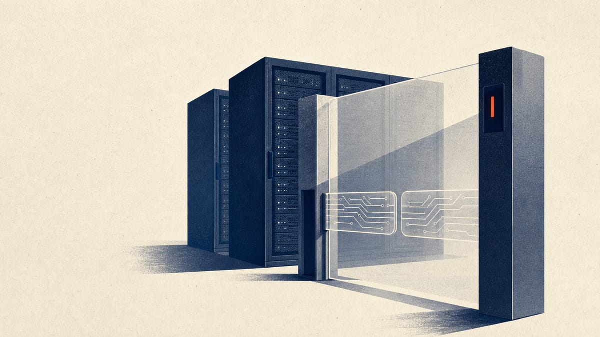 Editorial illustration of server racks behind an abstract regulatory checkpoint gate, symbolizing a new mandatory cyber-incident reporting threshold for critical infrastructure operators.