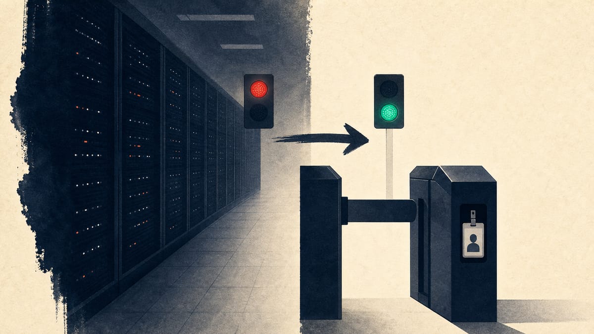 Illustration of a data-center security checkpoint with server racks and a status light switching from red to green, symbolizing a closed compliance review.