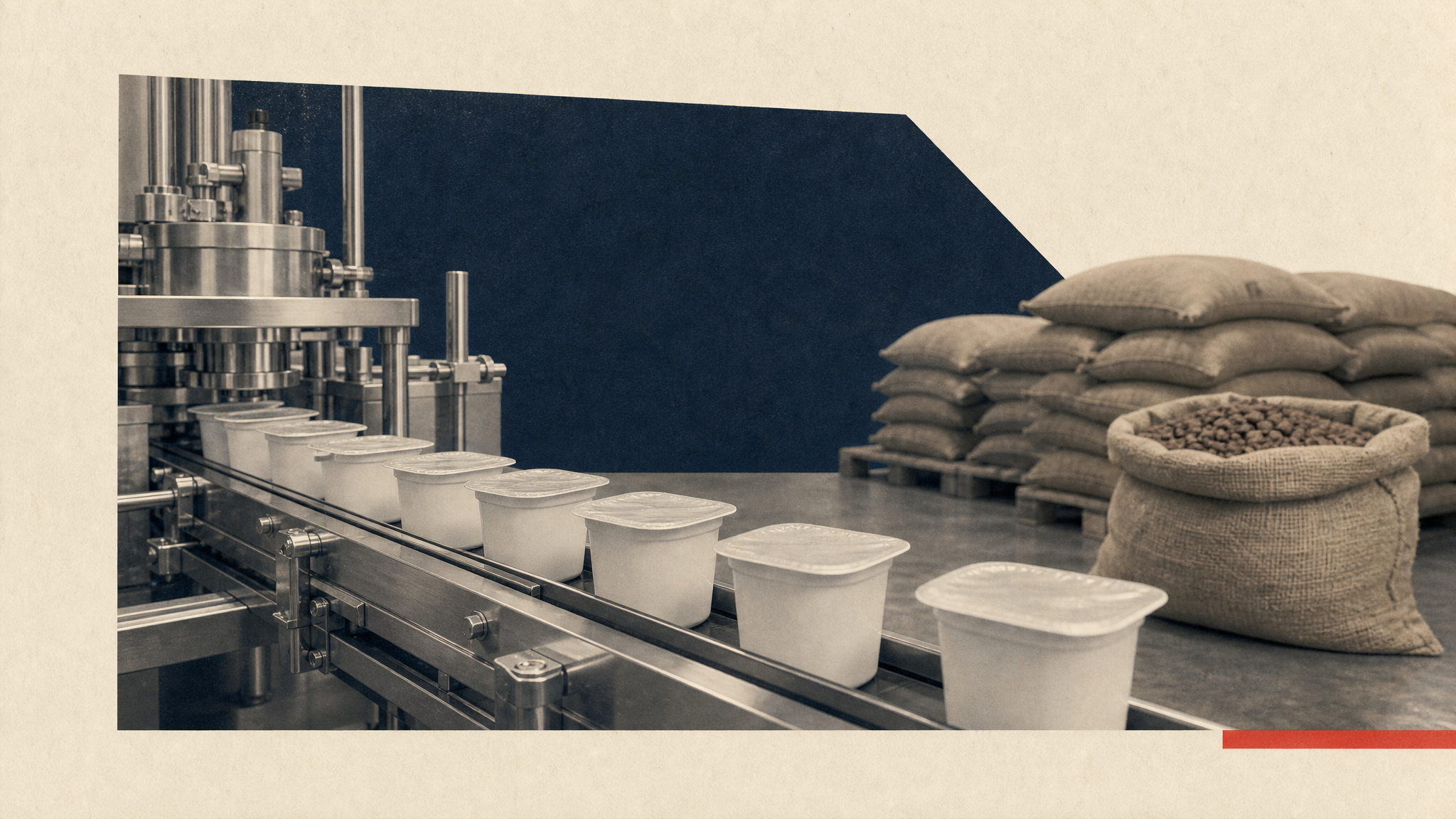 Photo-style illustration of a dairy processing line packaging yogurt cups, with cacao bean sacks stacked in the background, symbolizing a shift in factory focus.