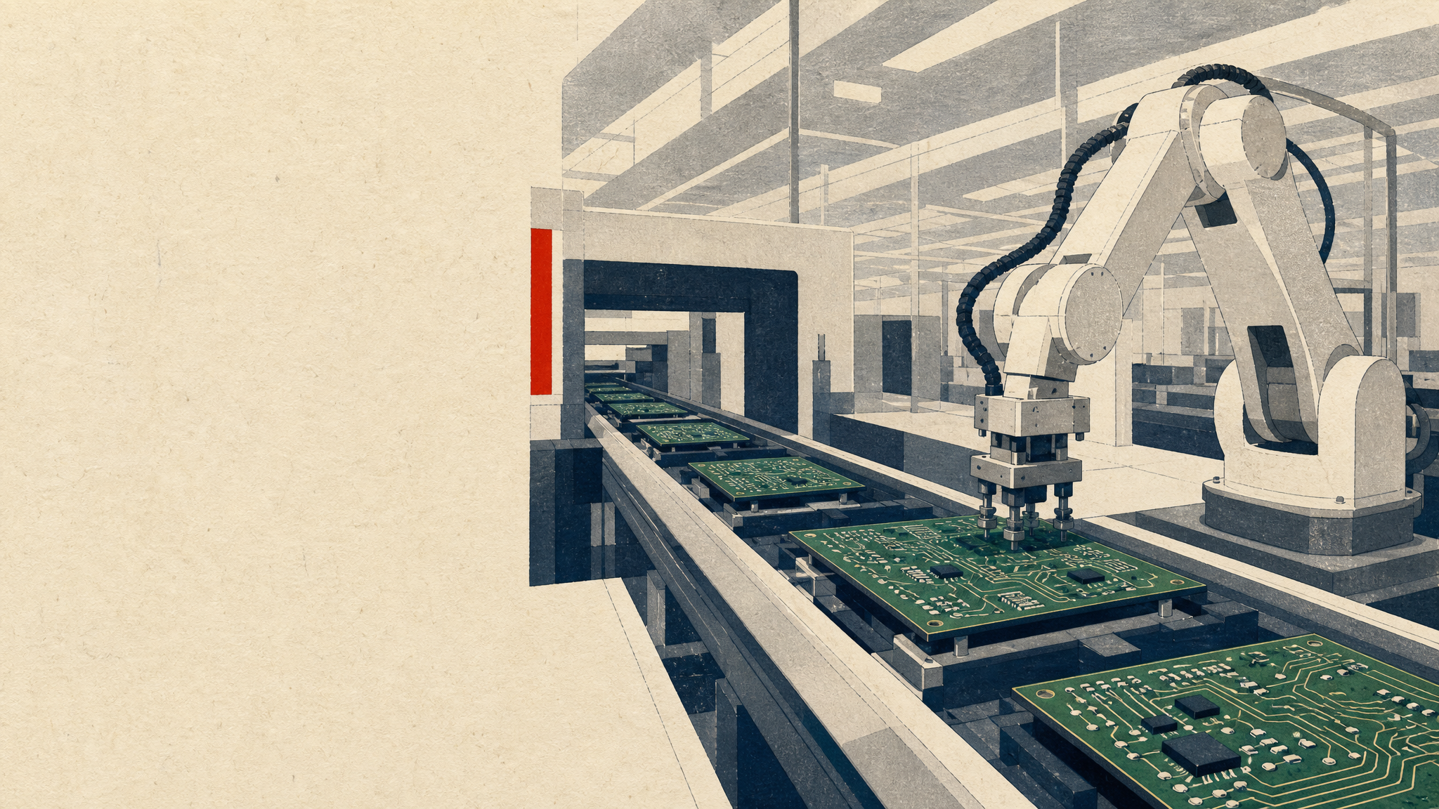 Robotic arms handling green printed circuit boards on an automated factory line inside a clean industrial facility.