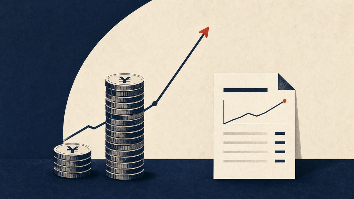 Abstract illustration of rising yen figures and a steep line chart representing a brokerage's sharp preliminary profit increase.