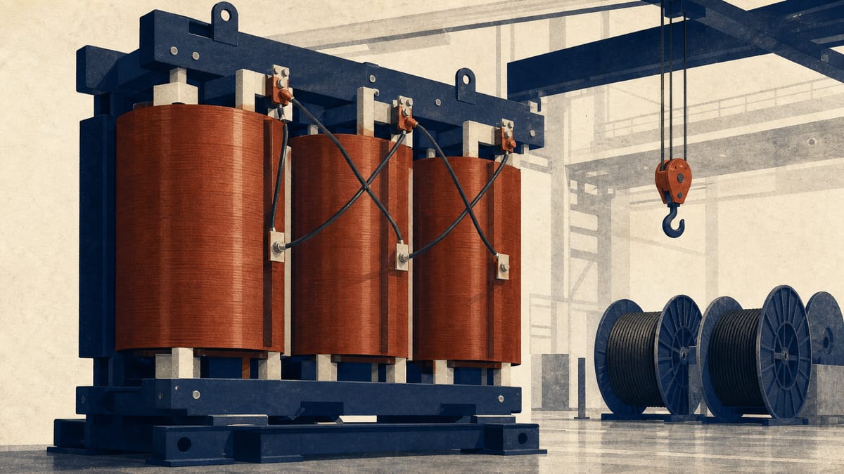 A large medium-voltage dry-type transformer with cast-resin windings sits on an industrial factory floor beneath an overhead crane.
