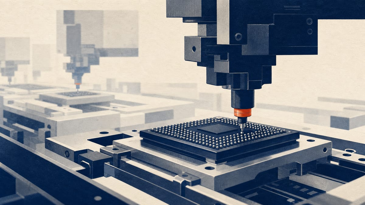 A solder ball mounter machine placing tiny solder balls onto a semiconductor package on a factory production line.