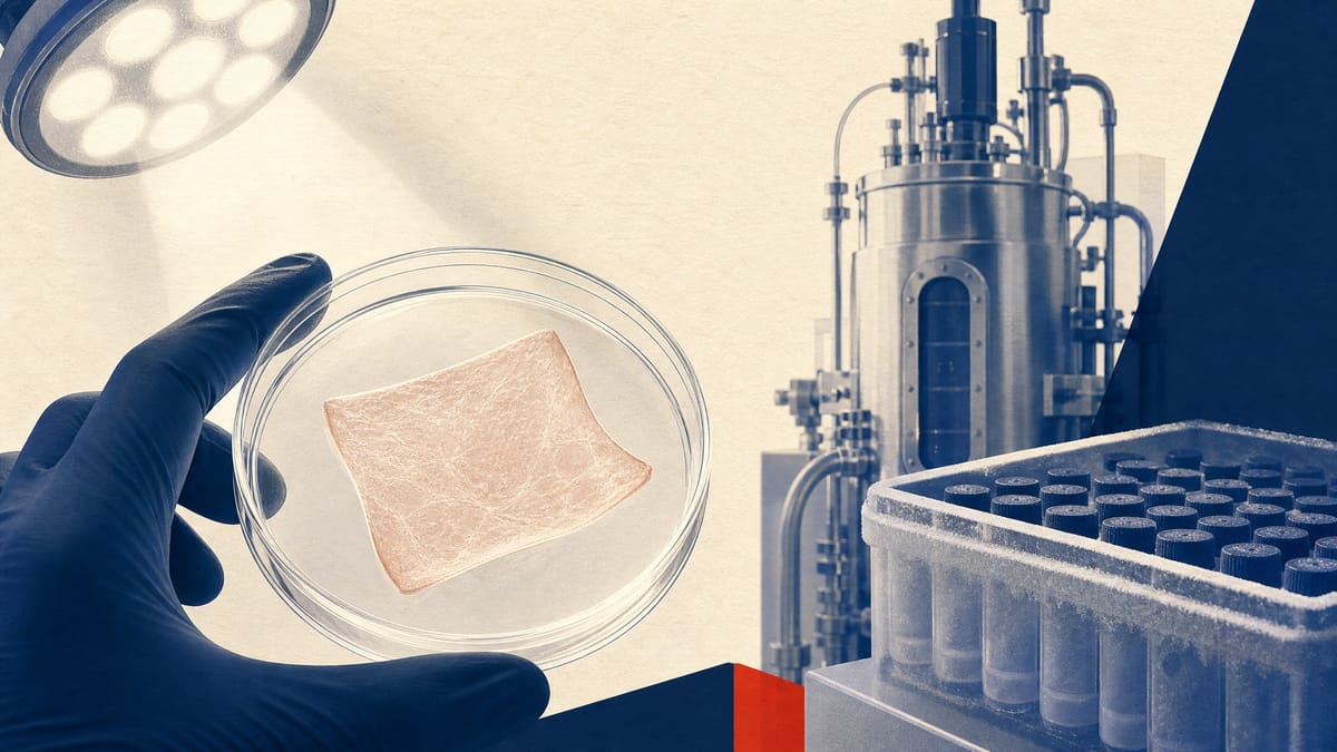 A translucent lab-grown cardiac tissue sheet in a culture dish inside a sterile laboratory, with a bioreactor and cryogenic storage vials nearby.