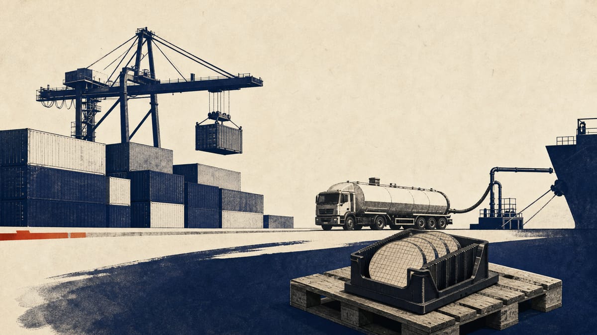 Editorial illustration of a container terminal with stacked cargo containers, a loading crane, an oil tanker truck, and semiconductor wafers on a shipping pallet, representing Japan's June trade flows.