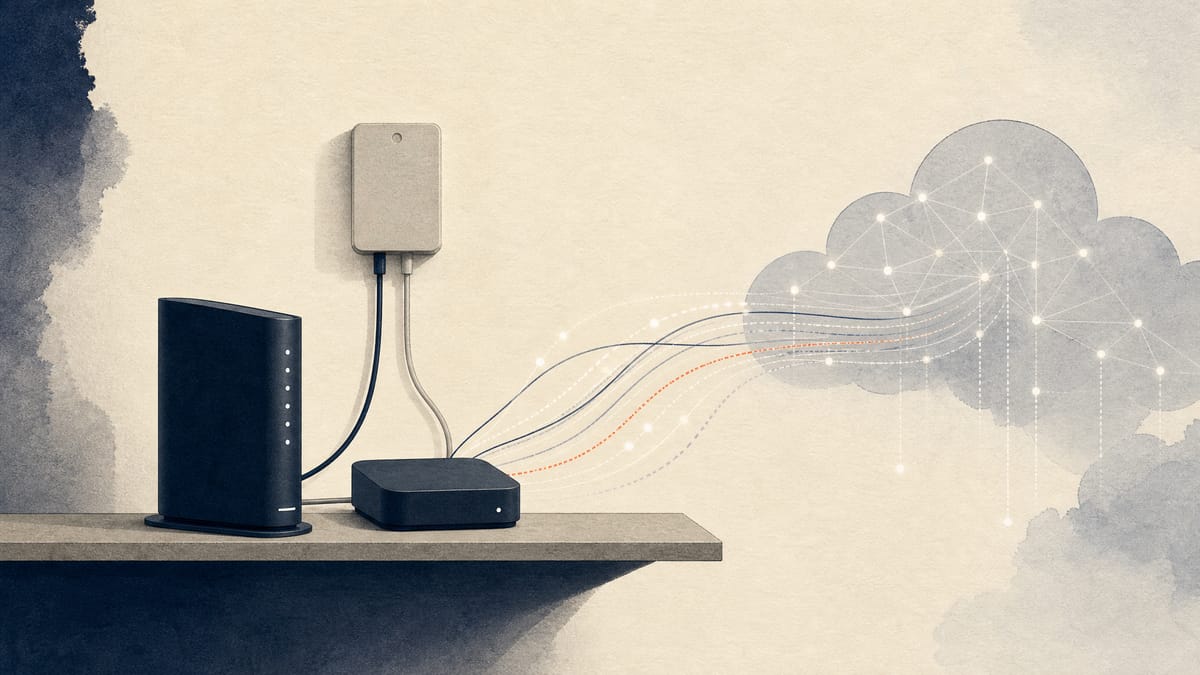 Editorial illustration of a home router and streaming device linked by cables to a wall junction box, with abstract glowing lines representing internet traffic flowing outward toward a network cloud.