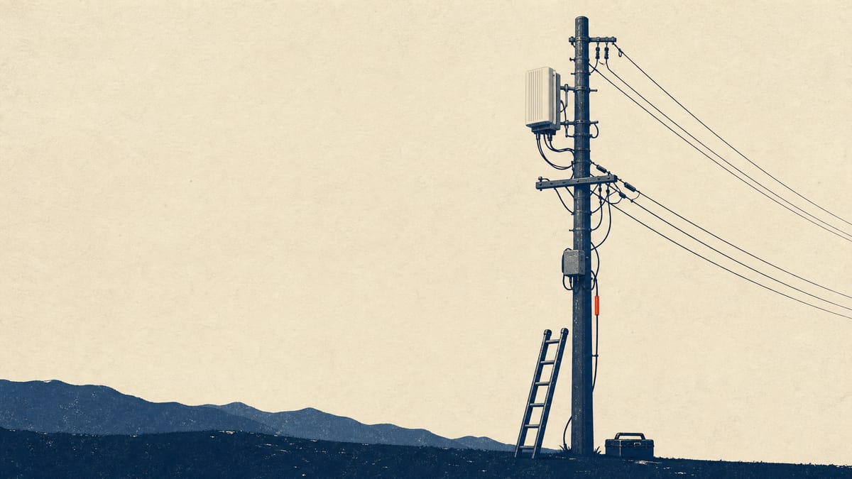 Editorial illustration of a utility pole with a wireless fixed-broadband antenna and copper phone lines, representing Japan's plan to expand universal telecom service coverage.