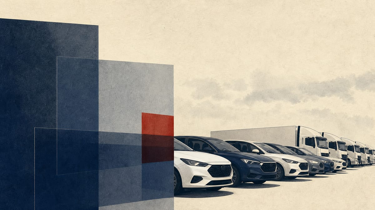 Rows of parked cars and commercial trucks at an auto dealership lot, with a faint abstract overlay suggesting layered ownership stakes, illustrating the buyout proposal for Penske Automotive Group's public shares.