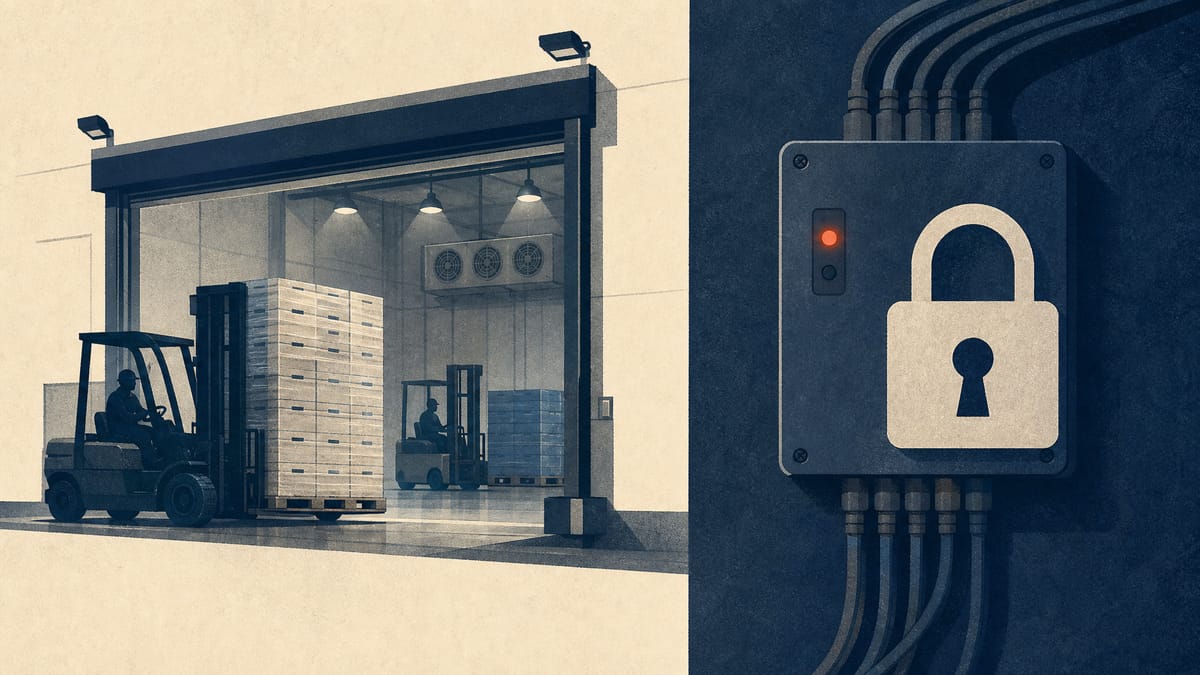 Illustration of a refrigerated food warehouse loading dock with forklifts and a padlock icon symbolizing a cybersecurity incident affecting logistics systems.