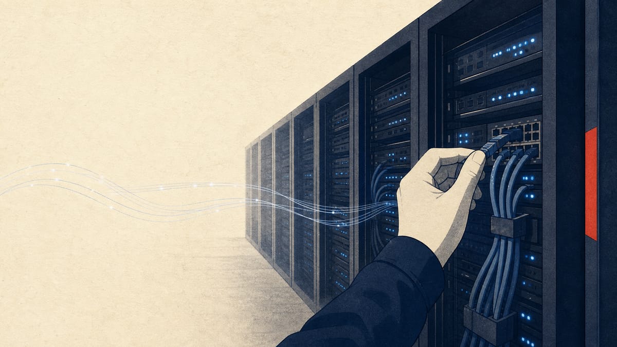Illustration of server racks in a data center with glowing status lights and cable bundles, representing enterprise software and cloud infrastructure growth.