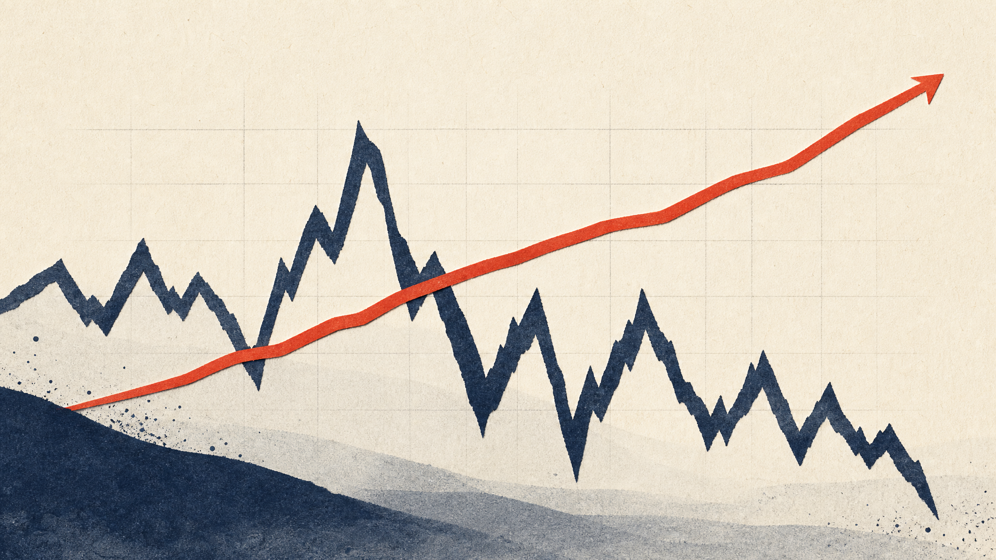 Abstract illustration of two financial data lines, one climbing steadily and one jagged and volatile, symbolizing steady software revenue against a fluctuating investment portfolio.