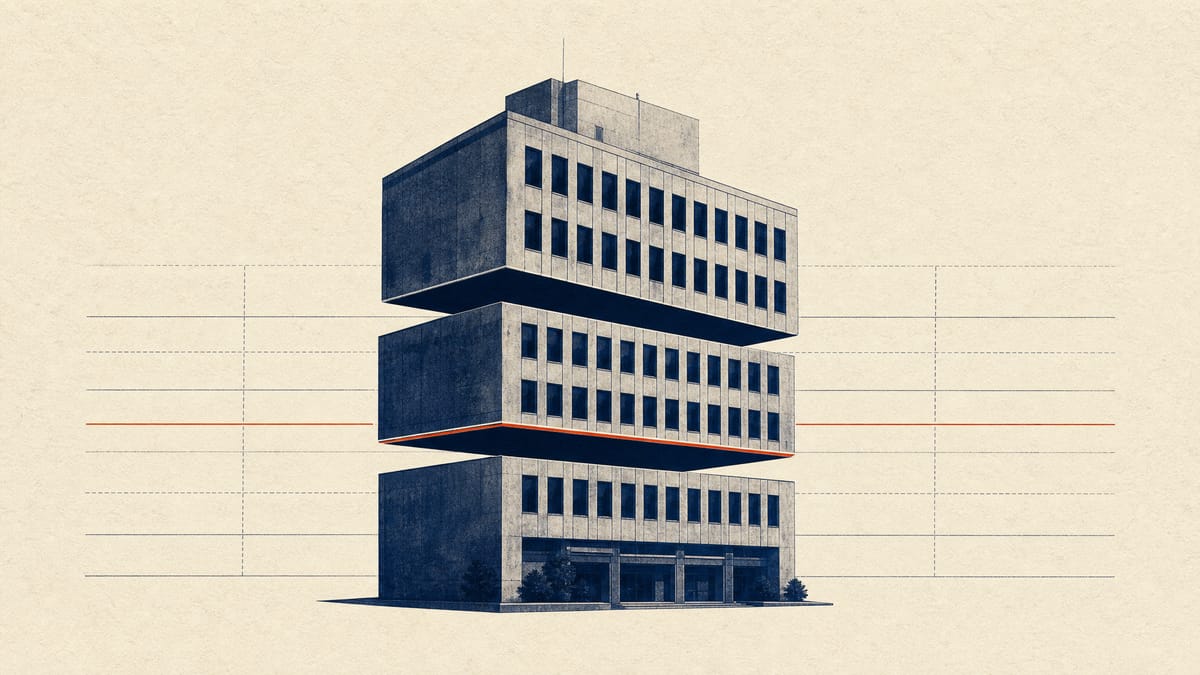 Illustration of an office tower divided into three stacked sections to represent a phased three-tranche property sale.