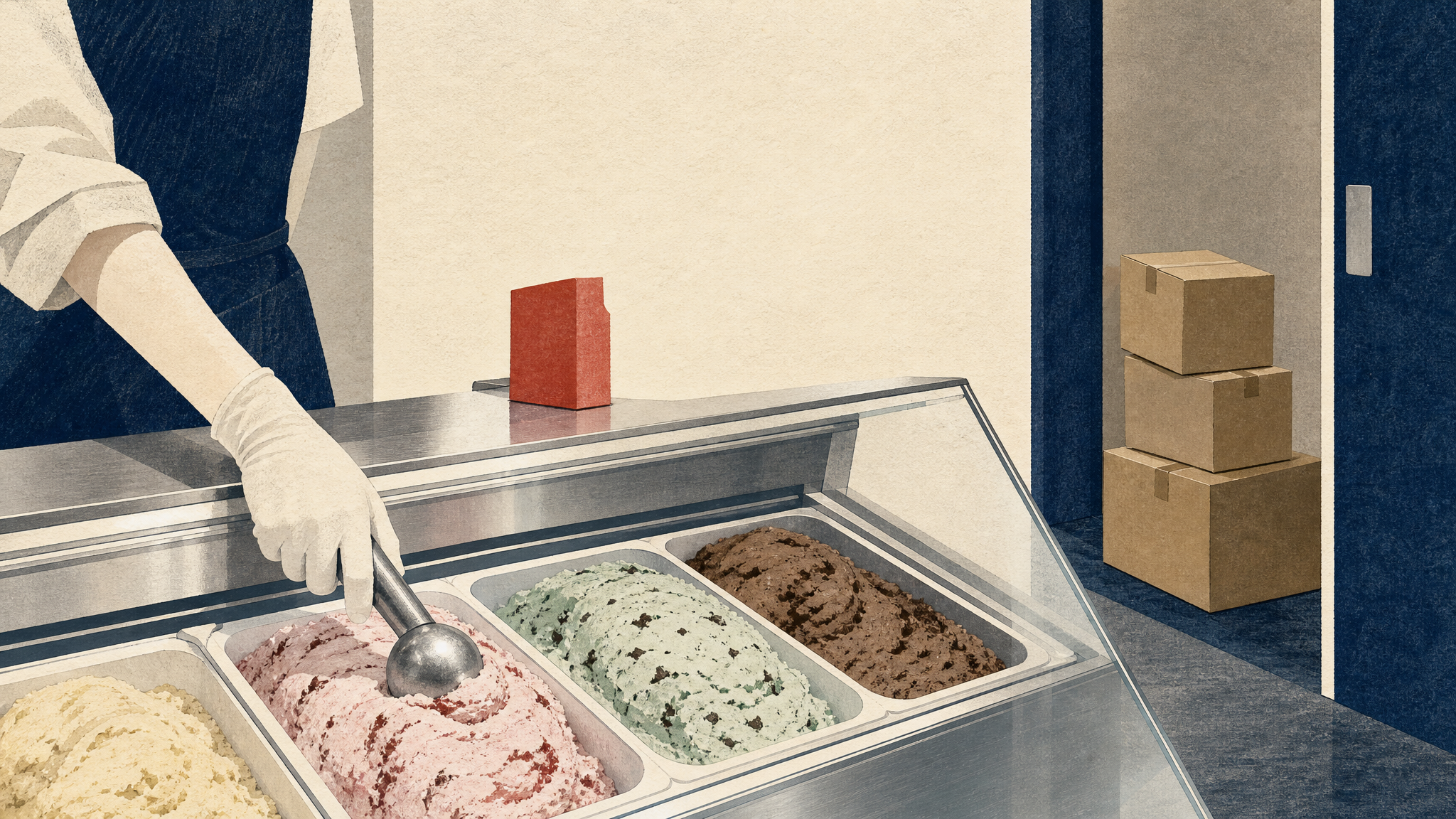 An ice cream shop counter with a scoop over open tubs of ice cream and a stack of sealed shipping cartons near a back doorway.