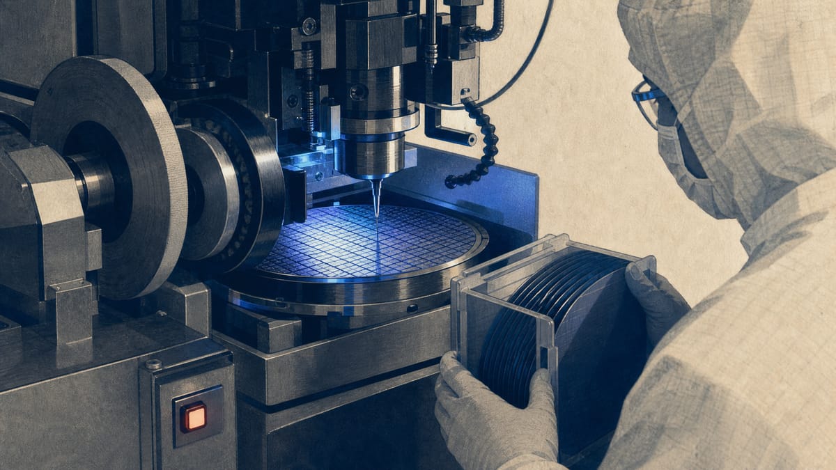 Editorial illustration of a technician inspecting a precision wafer-dicing machine on a semiconductor equipment factory floor.
