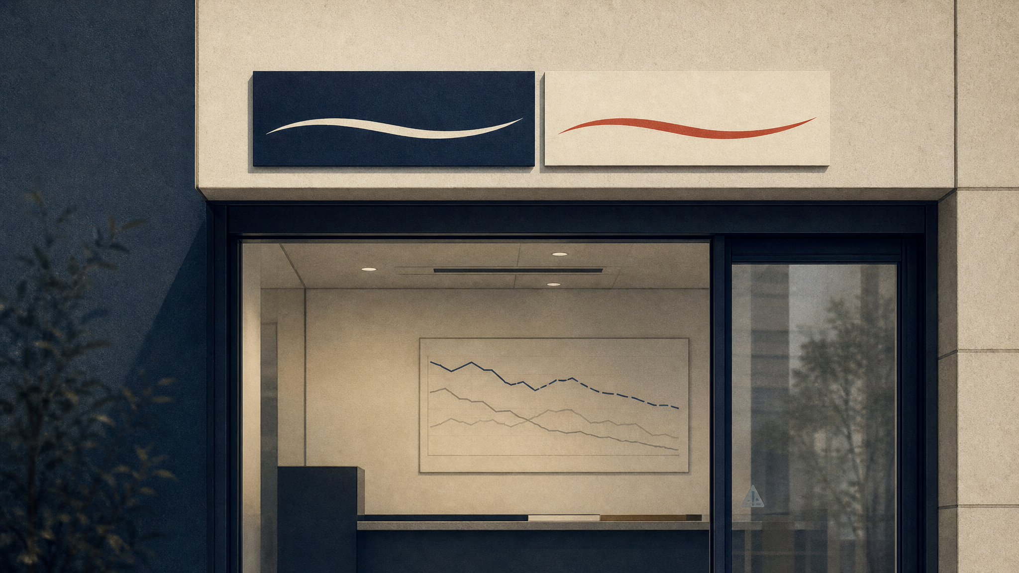 Illustration of a shared bank branch entrance with two nameplates and a background chart suggesting stress-test financial projections.