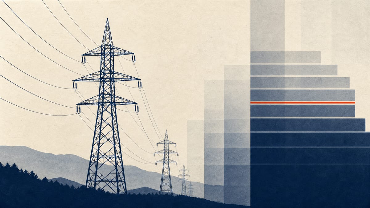 Illustration of electricity transmission towers overlaid with stacked bar shapes representing tiers of subordinated corporate debt.
