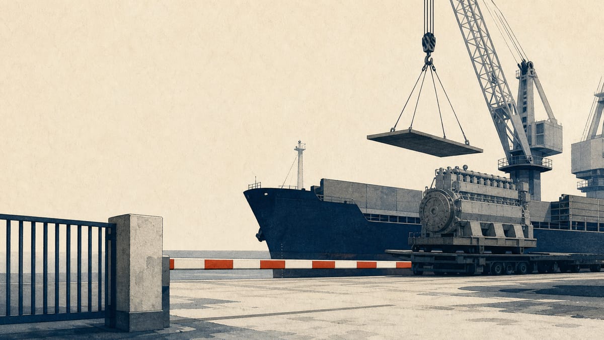 Cranes loading steel plate and engine components onto a cargo ship at a dock, with a checkpoint barrier in the foreground suggesting regulatory review.