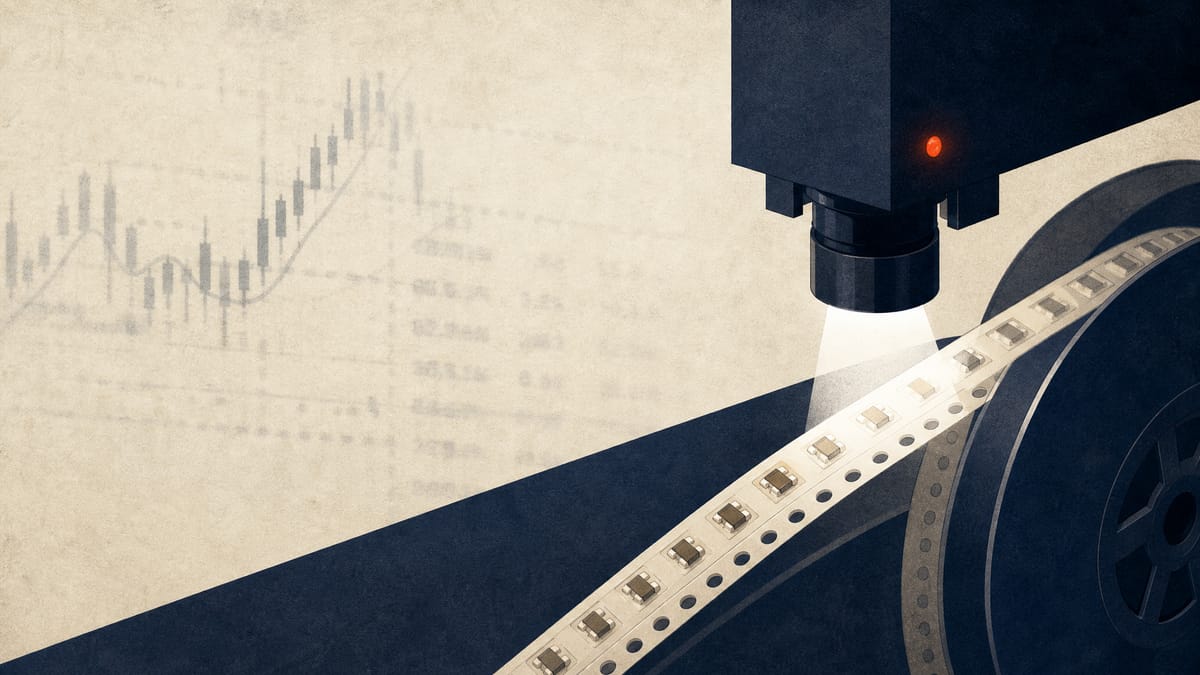 Close-up of a chip-resistor production line under inspection lighting with a faint currency-rate overlay, representing an electronics component maker's raised earnings and dividend guidance.