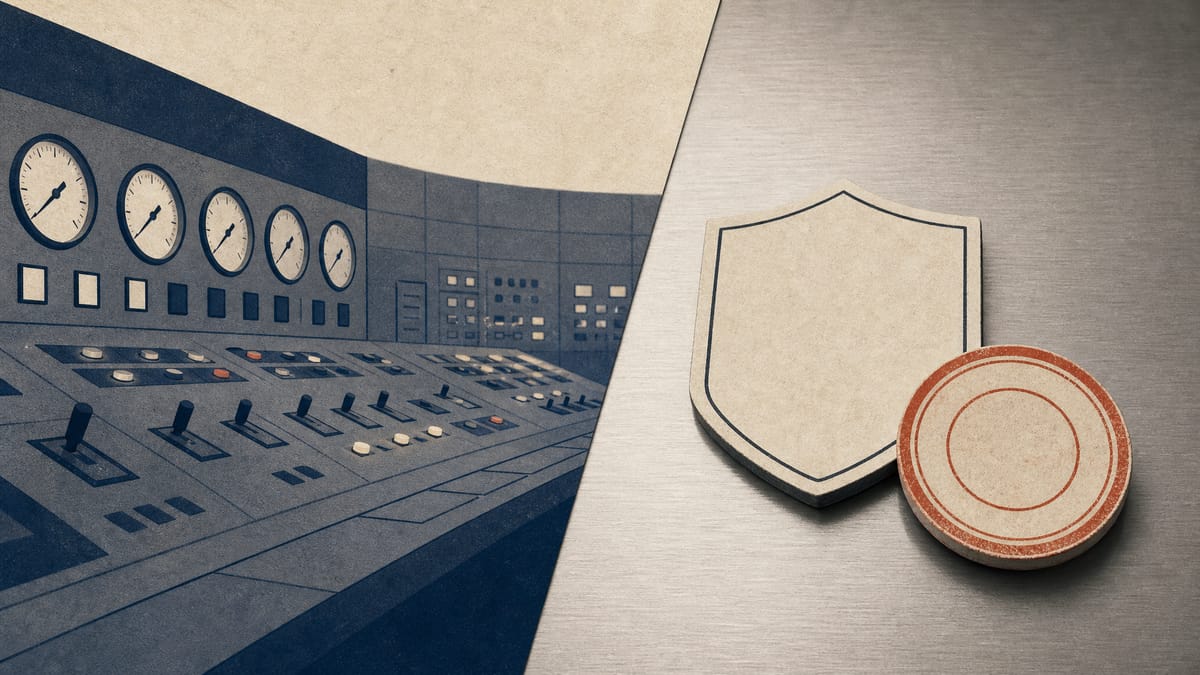 Illustration of a nuclear plant control room console with dials and a certification badge and stamp, representing regulatory review of reactor operation-supervisor approval.