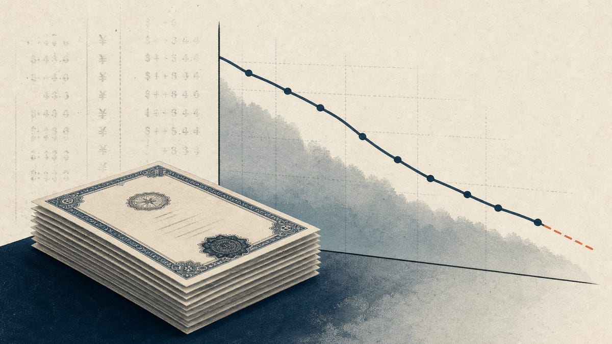 Editorial illustration of bond certificates next to a descending yield-curve line, representing an unrealized loss on held-to-maturity bonds.