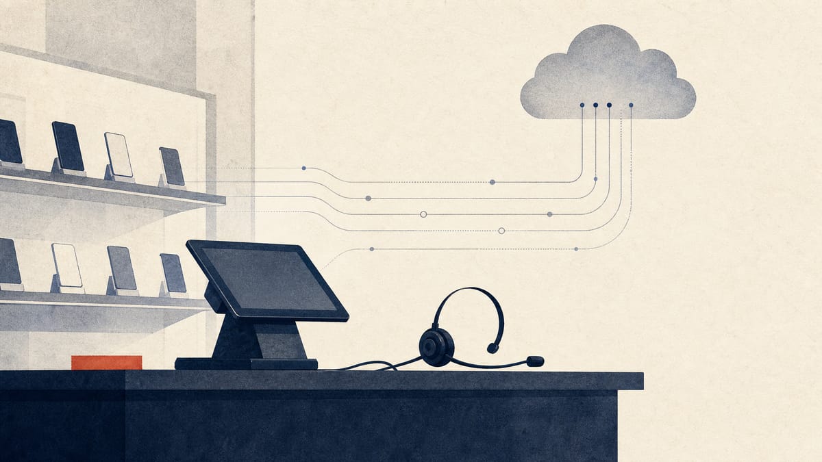 Illustration of a mobile-phone shop counter with a point-of-sale terminal, with abstract data lines flowing from the store toward a cloud icon, symbolizing retail data feeding an AI system.