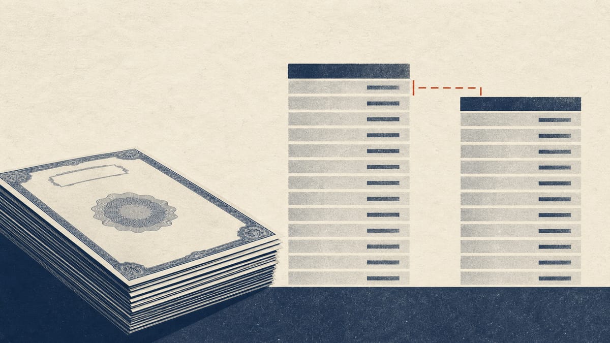 Editorial illustration of stacked bond certificates with two uneven ledger columns and a marked gap, representing a book-value versus market-value shortfall.