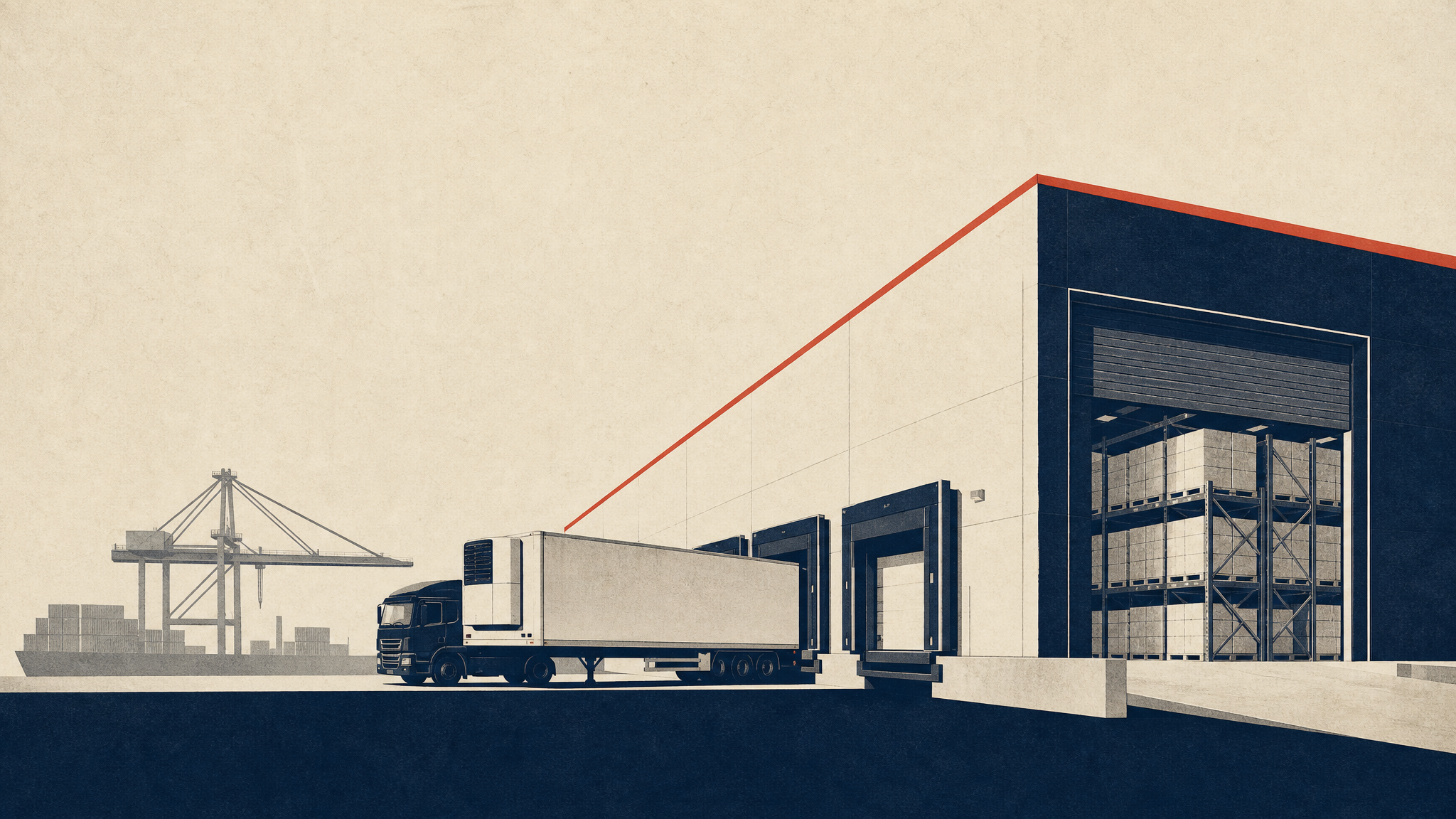 Exterior of a refrigerated logistics warehouse with insulated loading docks and temperature-controlled trailers near a port-side industrial area.